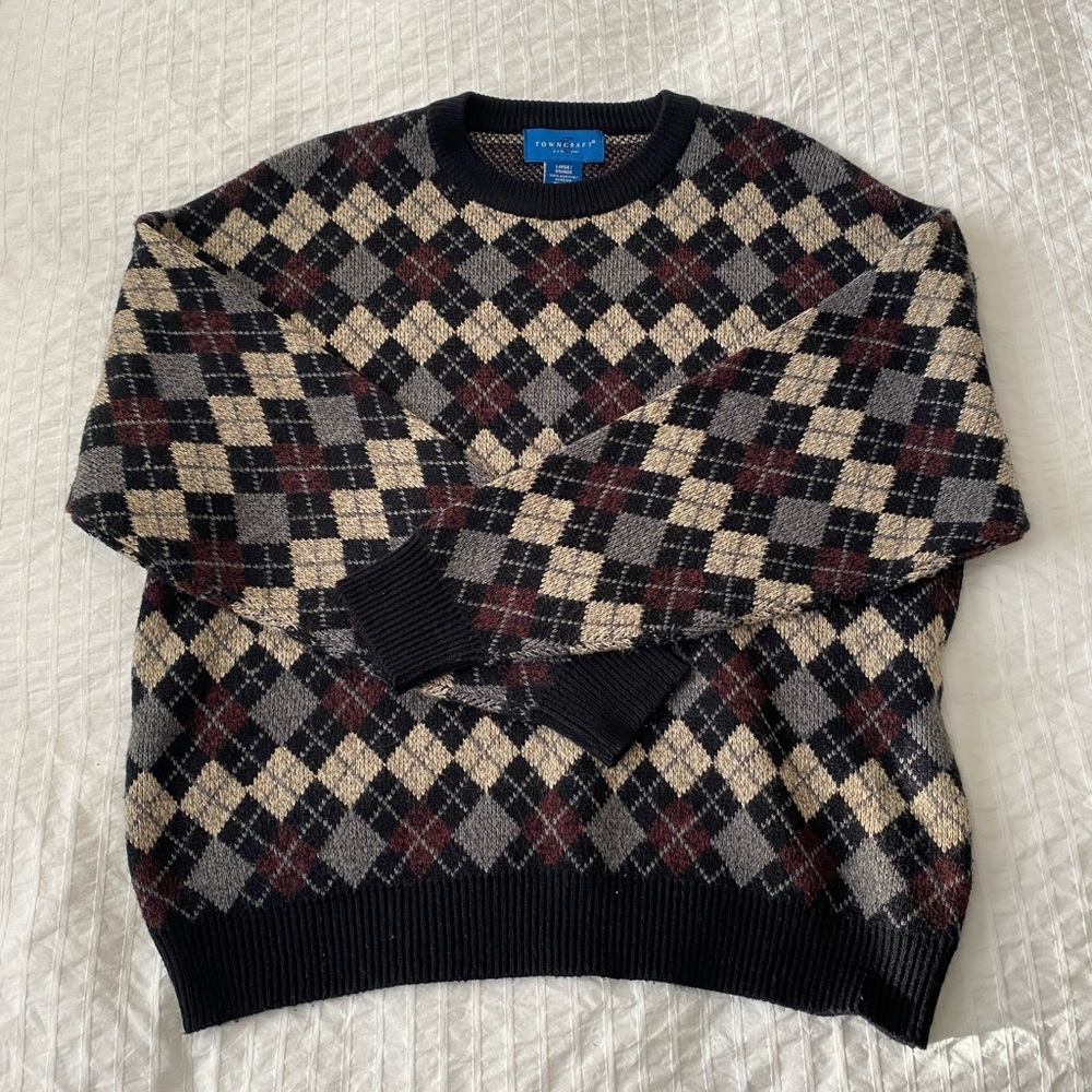 Towncraft Men's Argyle Crewneck Sweater - Black, Gray, and Cream
